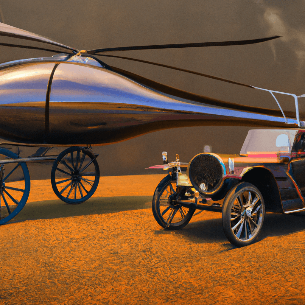 a futuristic flying car parked next to a 19th century horse-drawn carriage, steampunk style